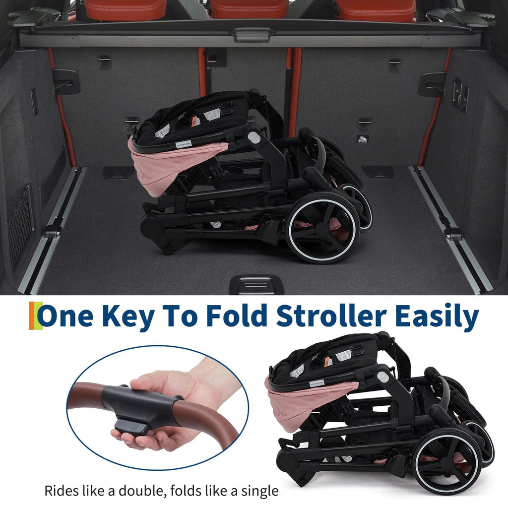 My Store tandem stroller with reversible seat, adjustable canopy, and large storage basket, suitable for newborn twins in black.