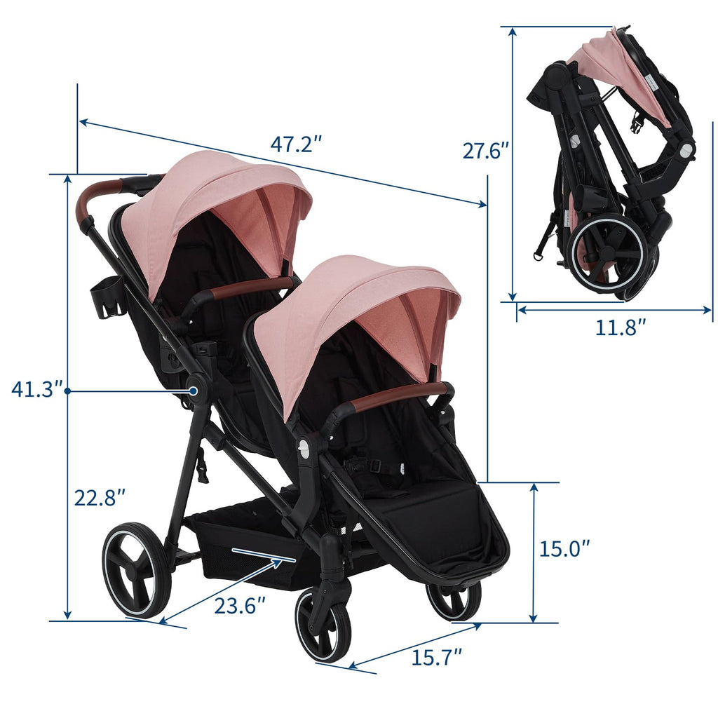 Double tandem stroller for newborn and toddler by My Store, foldable twin pushchair with reversible seats, safety harness, and canopy.