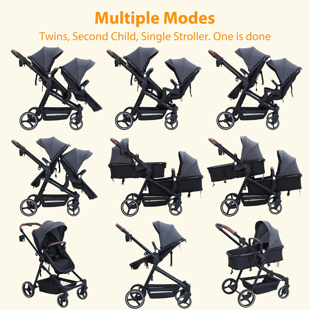 Dark grey tandem double stroller for newborn and toddler with reversible seats, adjustable canopy, 5-point harness, and large storage.