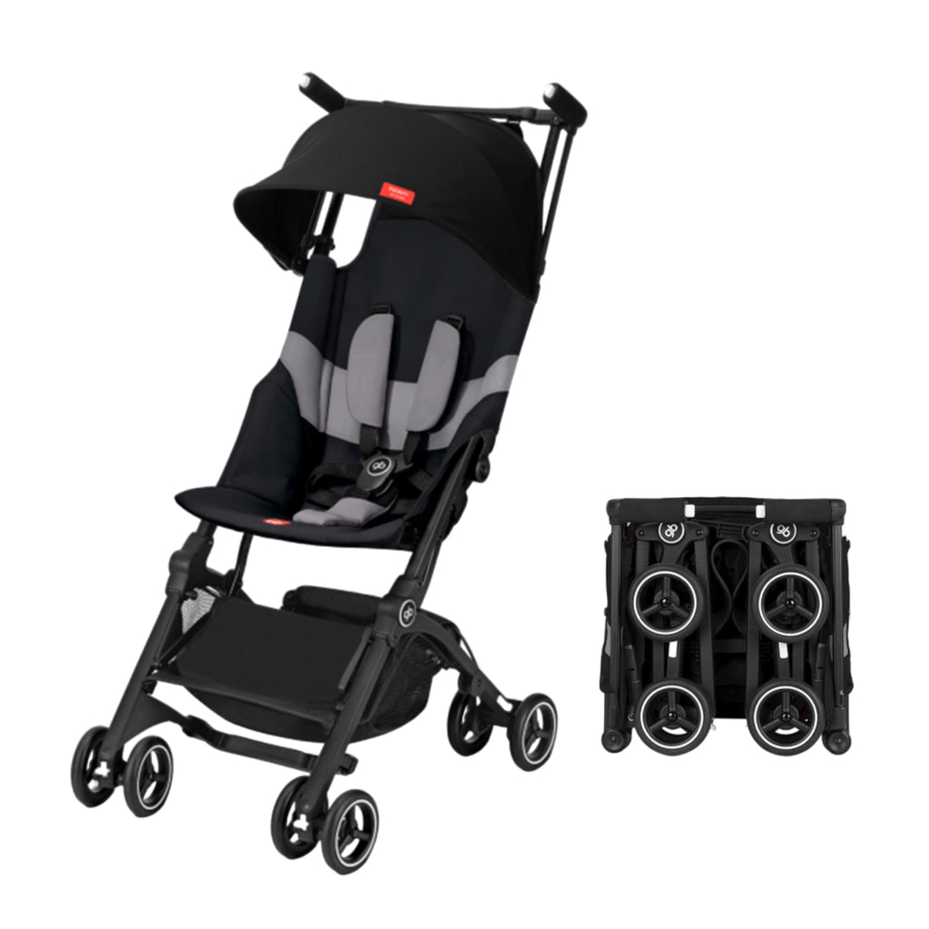 My Store gb Pockit+ All-Terrain lightweight travel stroller with canopy and reclining seat in Velvet Black, compact and portable.