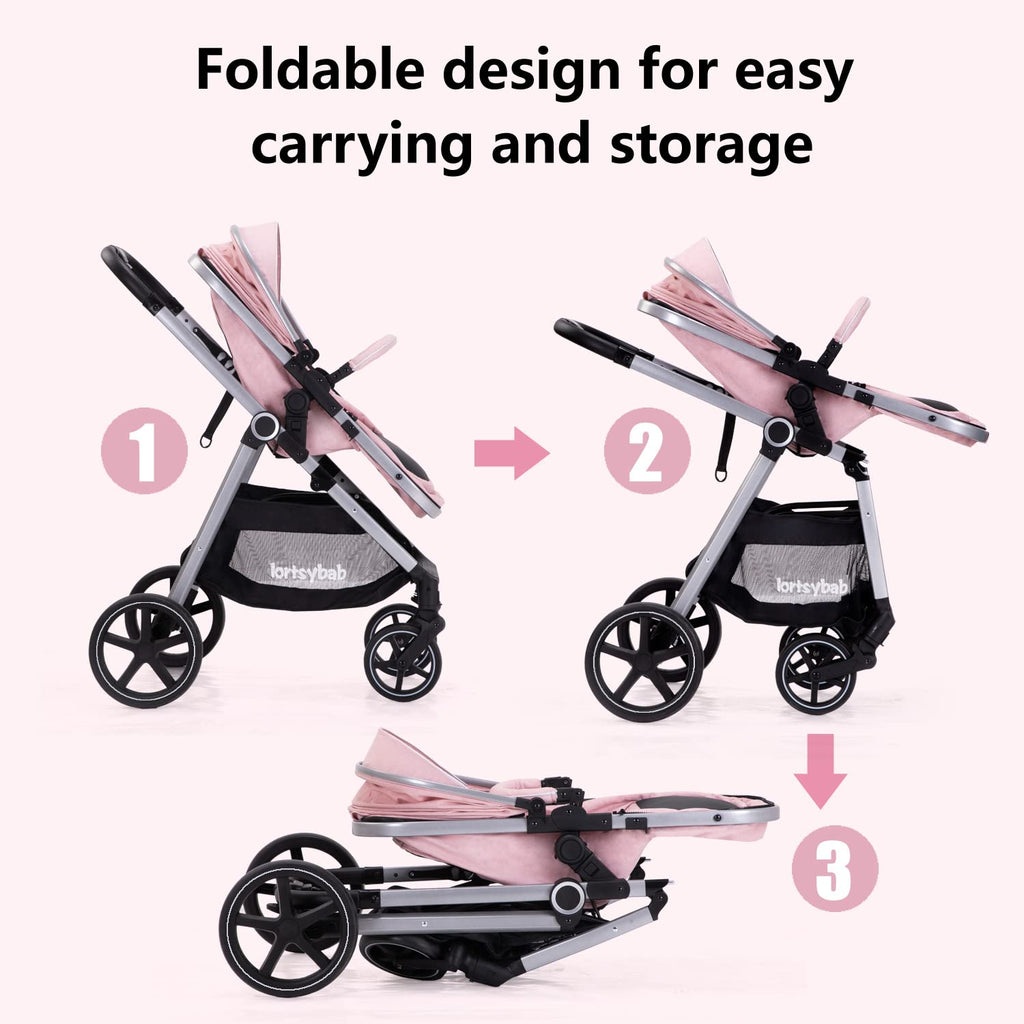 Lortsybab 2-in-1 baby stroller with beige reversible seat, foldable infant pram for newborns and toddlers 0-36 months.