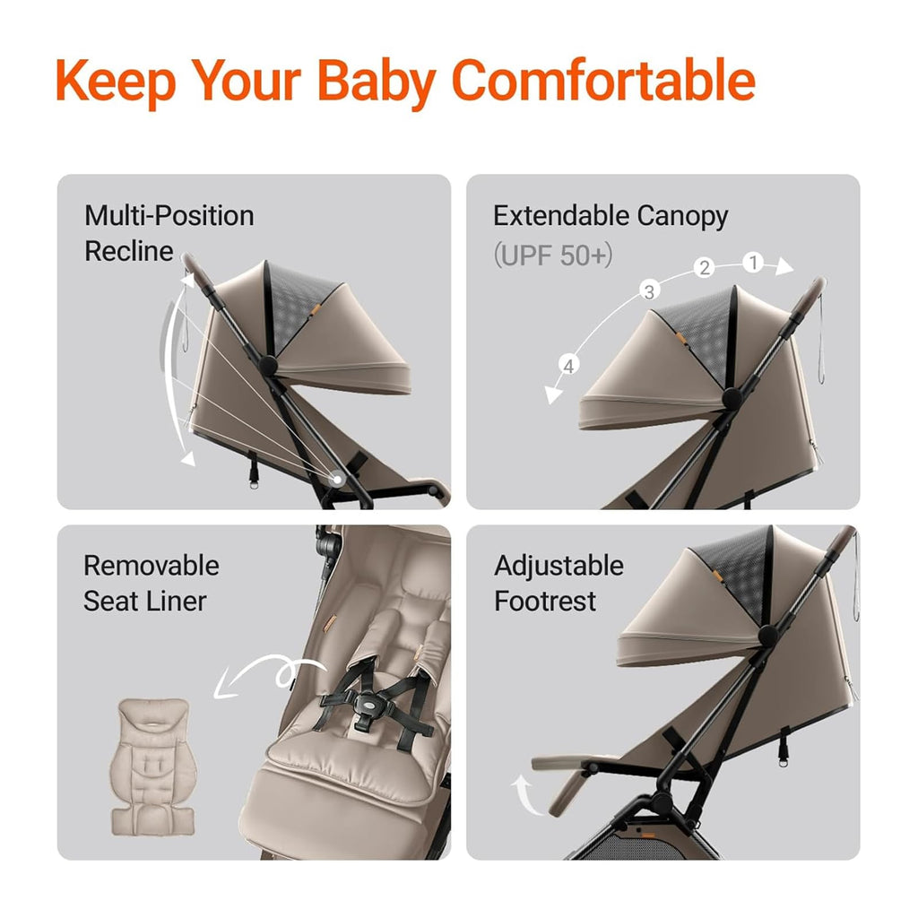 Lightweight MAMAZING Ultra Air baby travel stroller with carbon fiber frame, one-handed fold, ideal for toddlers and air travel.