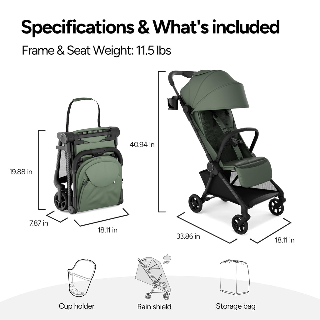 Mompush Nexis Carbon travel stroller, ultra-lightweight 11.5 lbs, compact, auto-fold, full recline, suitable from birth to 50 lbs.