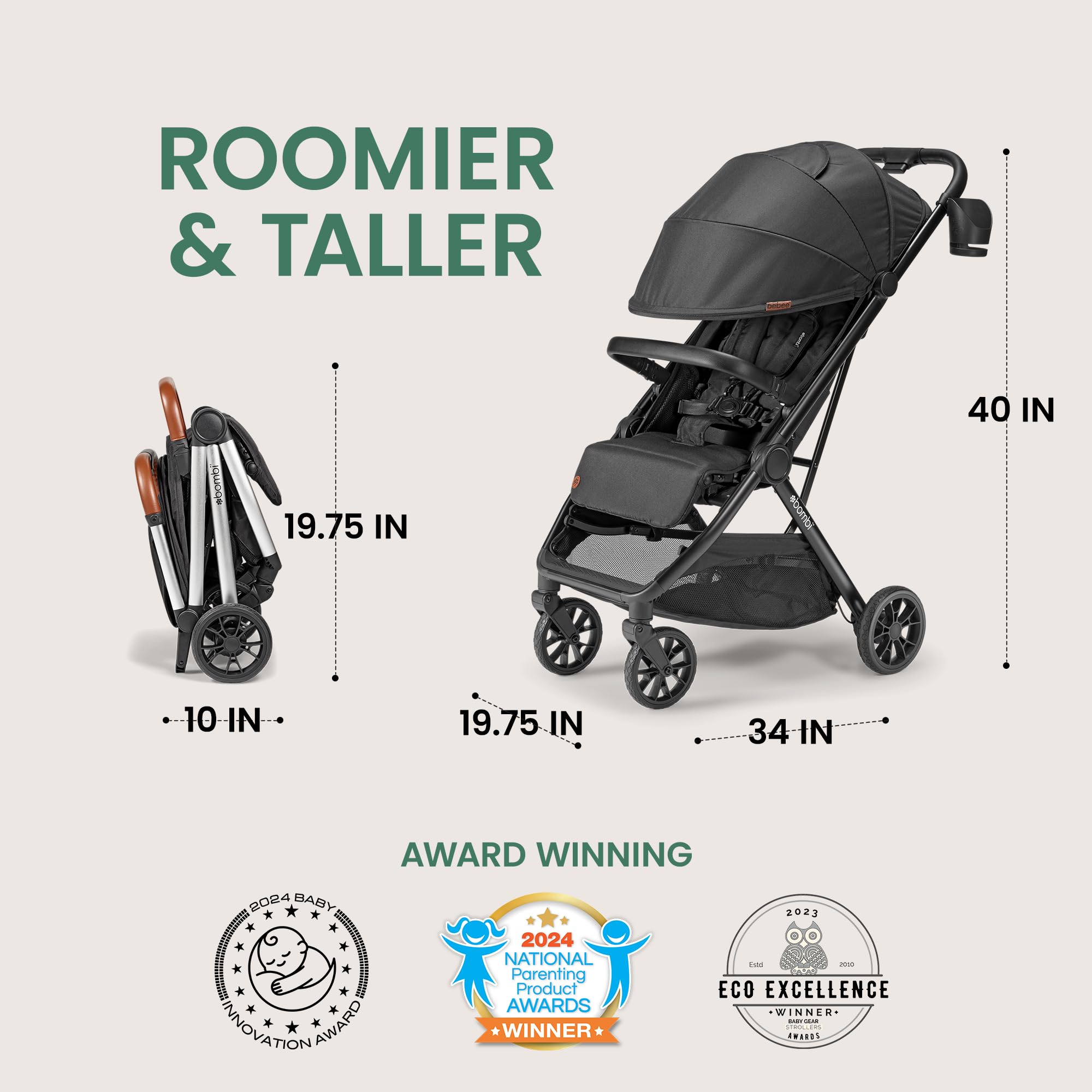 Bombi Bēbee V2 lightweight baby stroller with vegan leather, one-hand fold, infinite recline, aluminum frame, XXL canopy, and storage