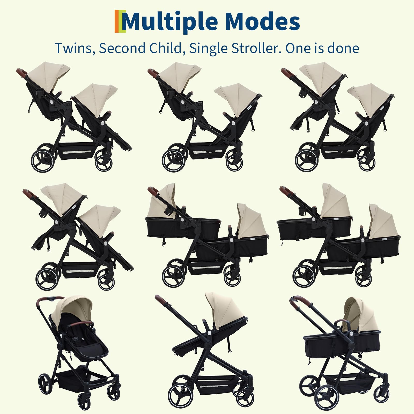 Dark grey tandem double stroller with reversible seats, adjustable canopy, large storage basket, and one-hand fold for twins.