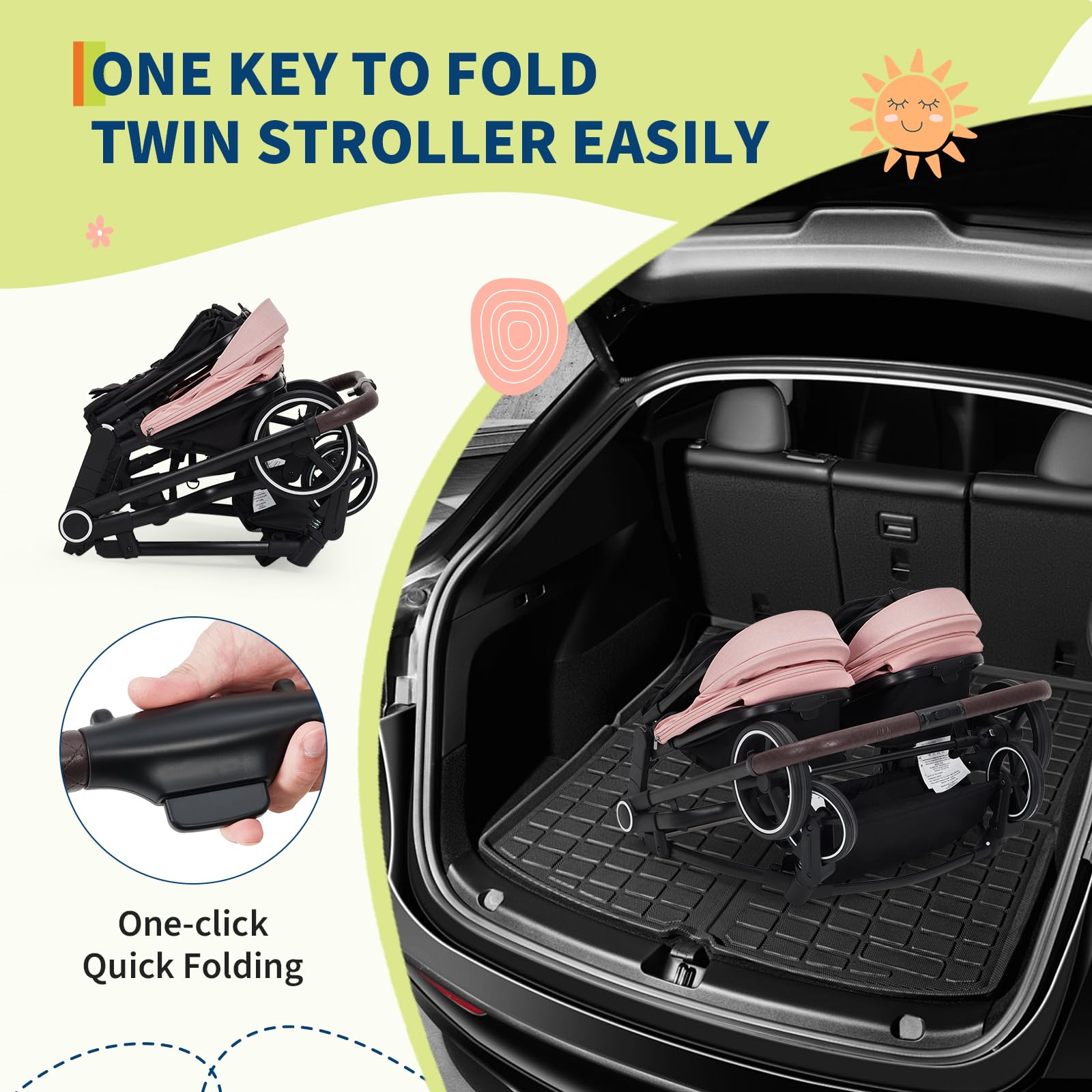 Pink tandem double stroller for newborn and toddler with adjustable recline, canopy, lightweight fold, and parent cup holders.