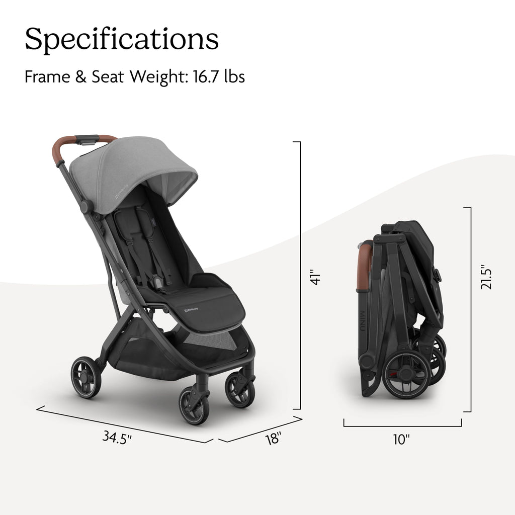 UPPAbaby Minu V3 travel stroller in greyson with charcoal frame and saddle leather, showing lightweight, compact design and one-hand fold.