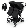 Lightweight double stroller for twins with reclining seats, adjustable canopy, 5-point harness, and high landscape design.