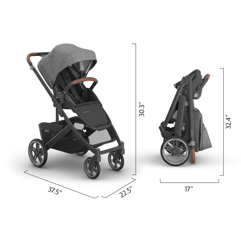 UPPAbaby Cruz V3 stroller in Greyson with reversible seat, infant insert, bug and rain shields, charcoal mélange and saddle leather accents.