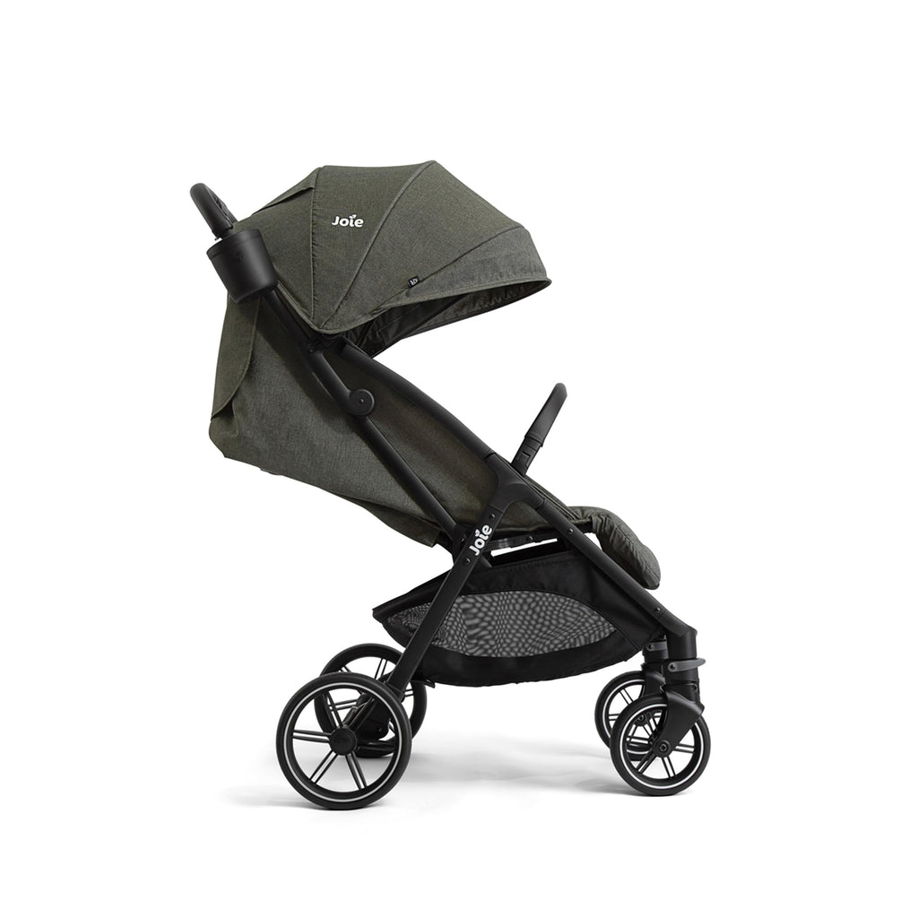 Joie Nutmeg compact stroller in shale with one-hand fold, lightweight design, suitable for easy transportation and travel.