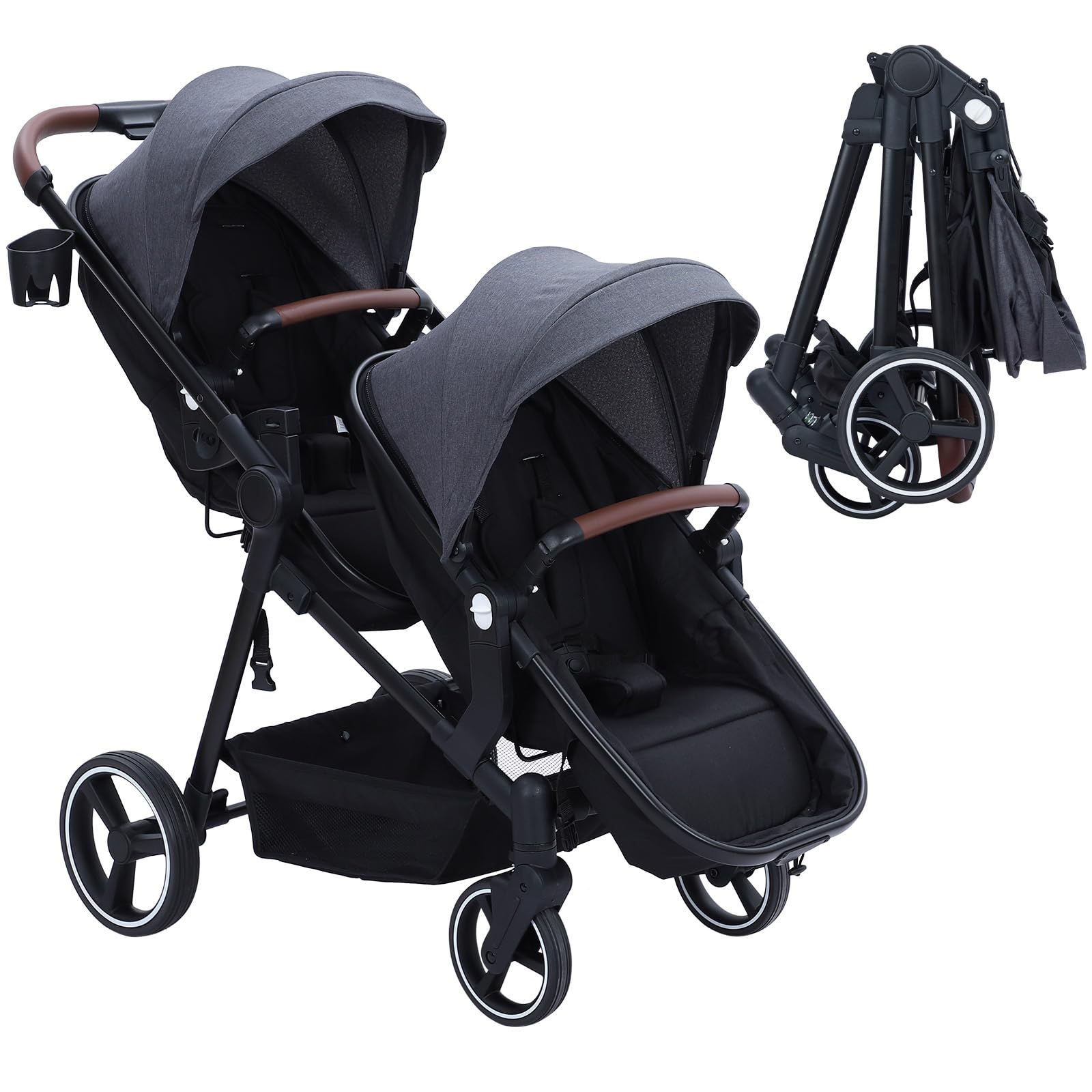 Dark grey tandem double stroller for newborn and toddler with reversible seats, adjustable canopy, 5-point harness, and large storage basket.