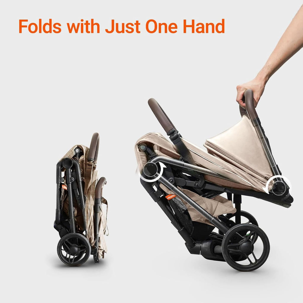 Lightweight MAMAZING Ultra Air baby travel stroller with carbon fiber frame, compact design, one-handed fold, suitable for toddlers.