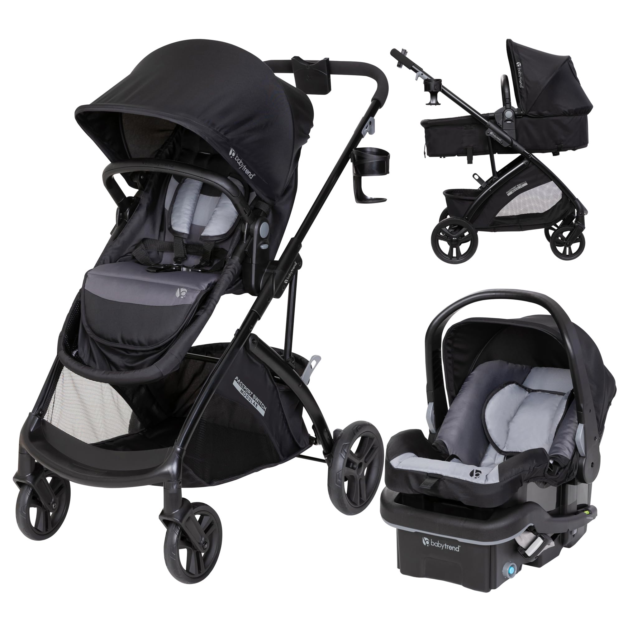 Baby Trend Passport Switch 6-in-1 stroller travel system with EZ-Lift infant car seat in Dash Black, showing the stroller and car seat combo.