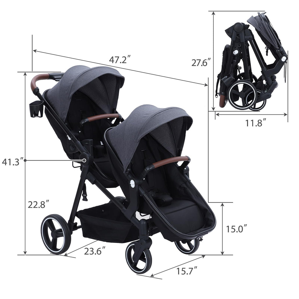 Dark grey tandem double stroller for newborn and toddler with reversible seats, adjustable canopy, 5-point harness, and large storage basket.