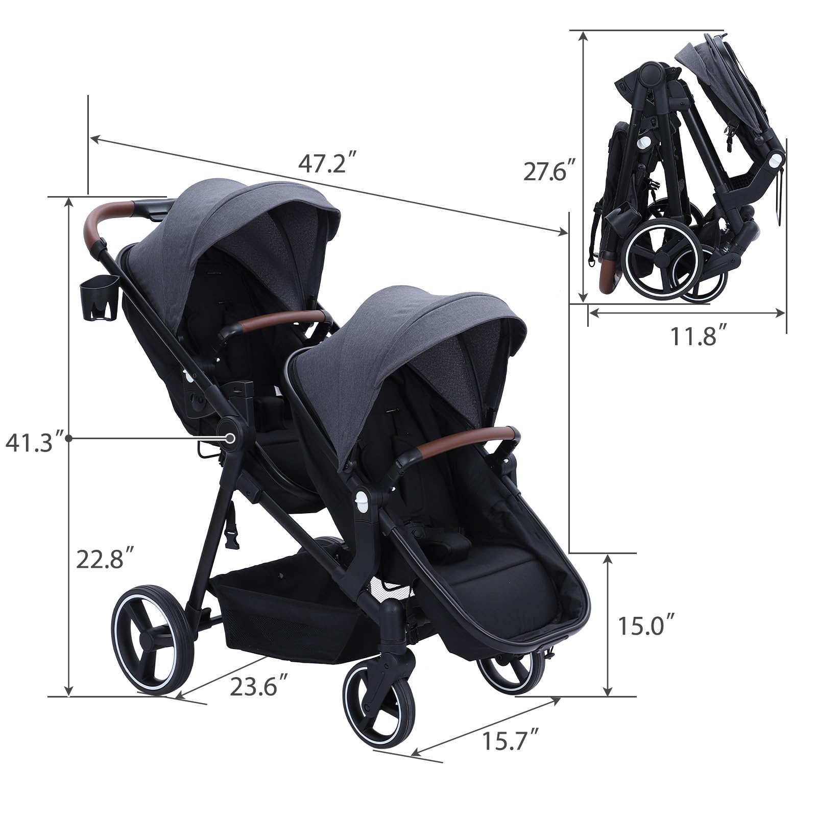 Double tandem stroller for newborn and toddler by My Store with foldable design, reversible seats, adjustable canopy, and safety harness.