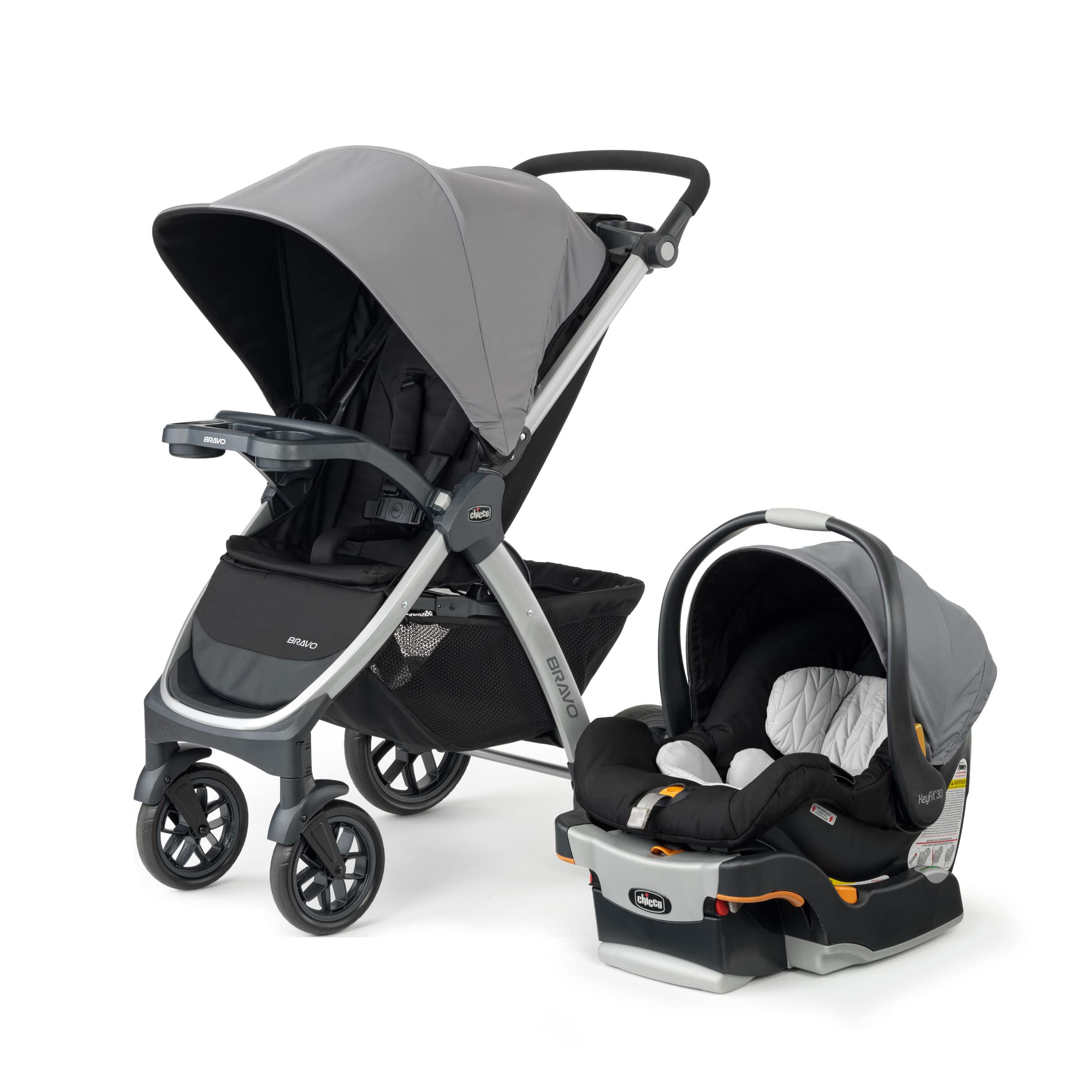 Chicco Bravo 3-in-1 travel system with black stroller, KeyFit 30 infant car seat and base, compact quick-fold design, Camden color