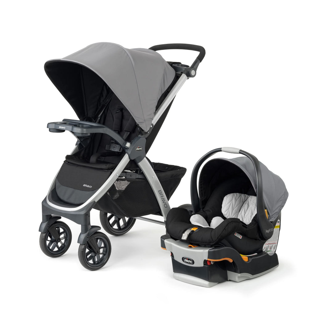 Chicco Bravo 3-in-1 travel system with quick-fold stroller, KeyFit 30 infant car seat, base, and stroller in Camden/Black color.