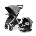 Chicco Bravo 3-in-1 travel system with quick-fold stroller, KeyFit 30 infant car seat, base, and stroller in Camden/Black color.