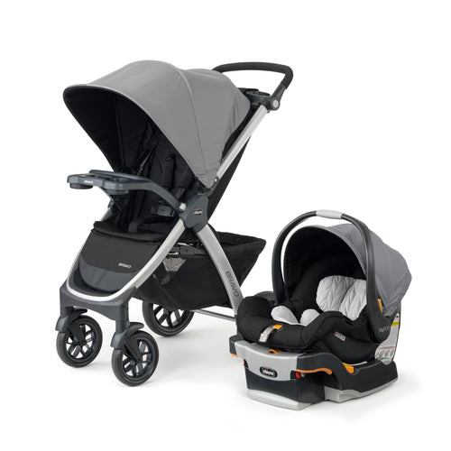 Chicco Bravo 3-in-1 travel system with quick-fold stroller, KeyFit 30 infant car seat, base, and stroller in Camden/Black color.