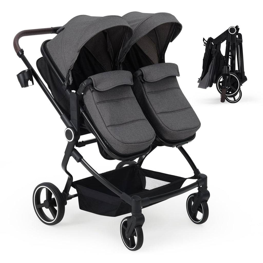 Pink double stroller for newborn and toddler, lightweight tandem design with adjustable recline, canopy, and parent cup holders.