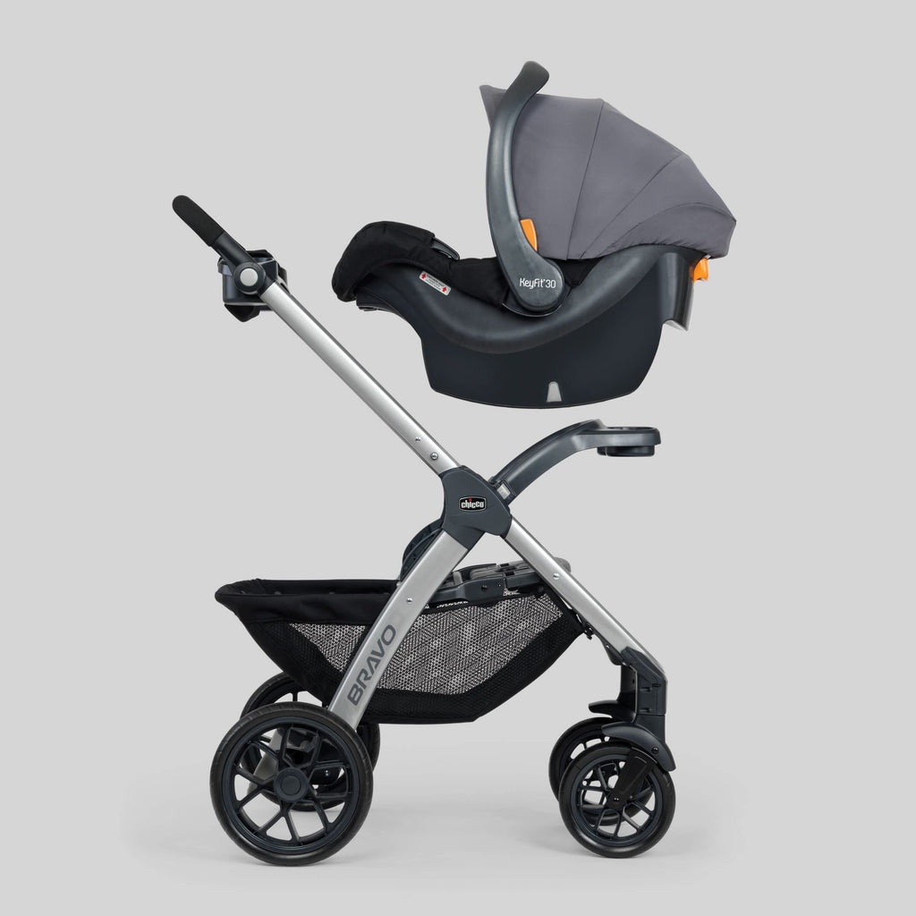Chicco Bravo 3-in-1 travel system with quick-fold stroller, KeyFit 30 infant car seat, and base in Camden/Black, showing the stroller and car seat