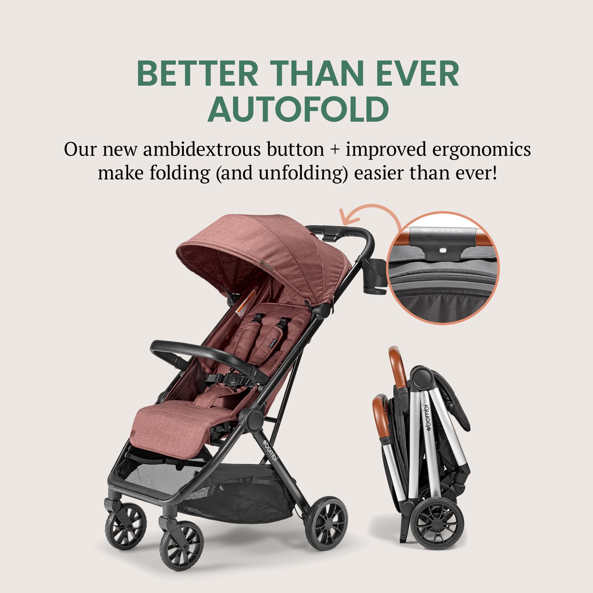 Lightweight Bombi Bēbee V2 baby stroller with vegan leather, one-hand fold, infinite recline, aircraft-grade aluminum frame, and XXL canopy