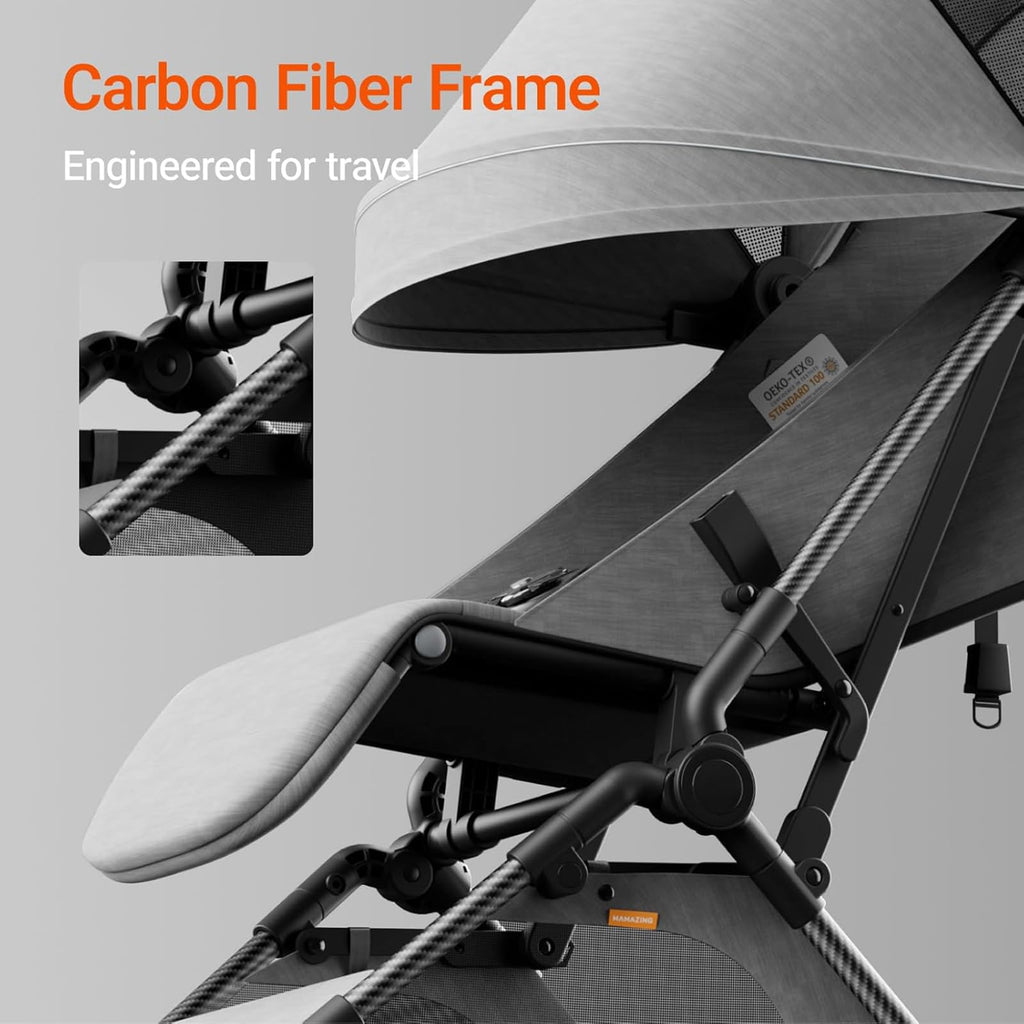 Lightweight MAMAZING Ultra Air baby travel stroller with carbon fiber frame, one-handed fold, suitable for toddlers, airplane-friendly.