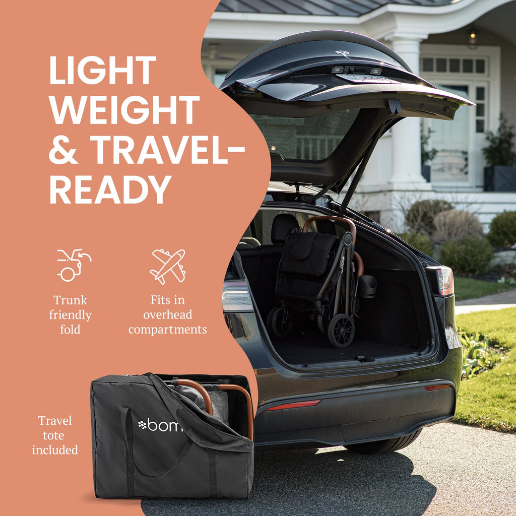 Bombi Bēbee V2 lightweight baby stroller with vegan leather, one-hand fold, infinite recline, aluminum frame, XXL canopy, and ample storage