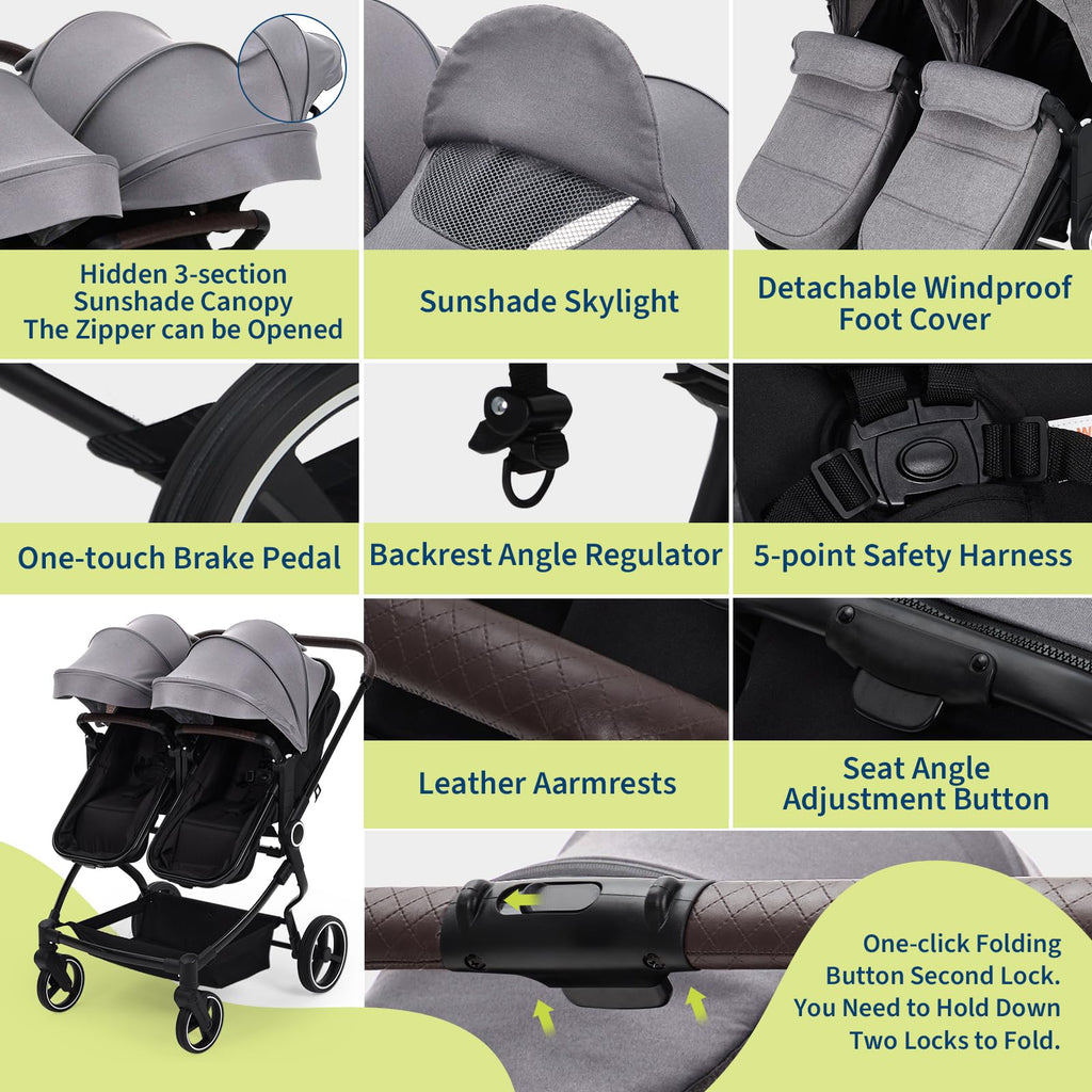 Lightweight double stroller for twins with reclining seats, adjustable canopy, 5-point harness, and high landscape design for infants and toddlers.