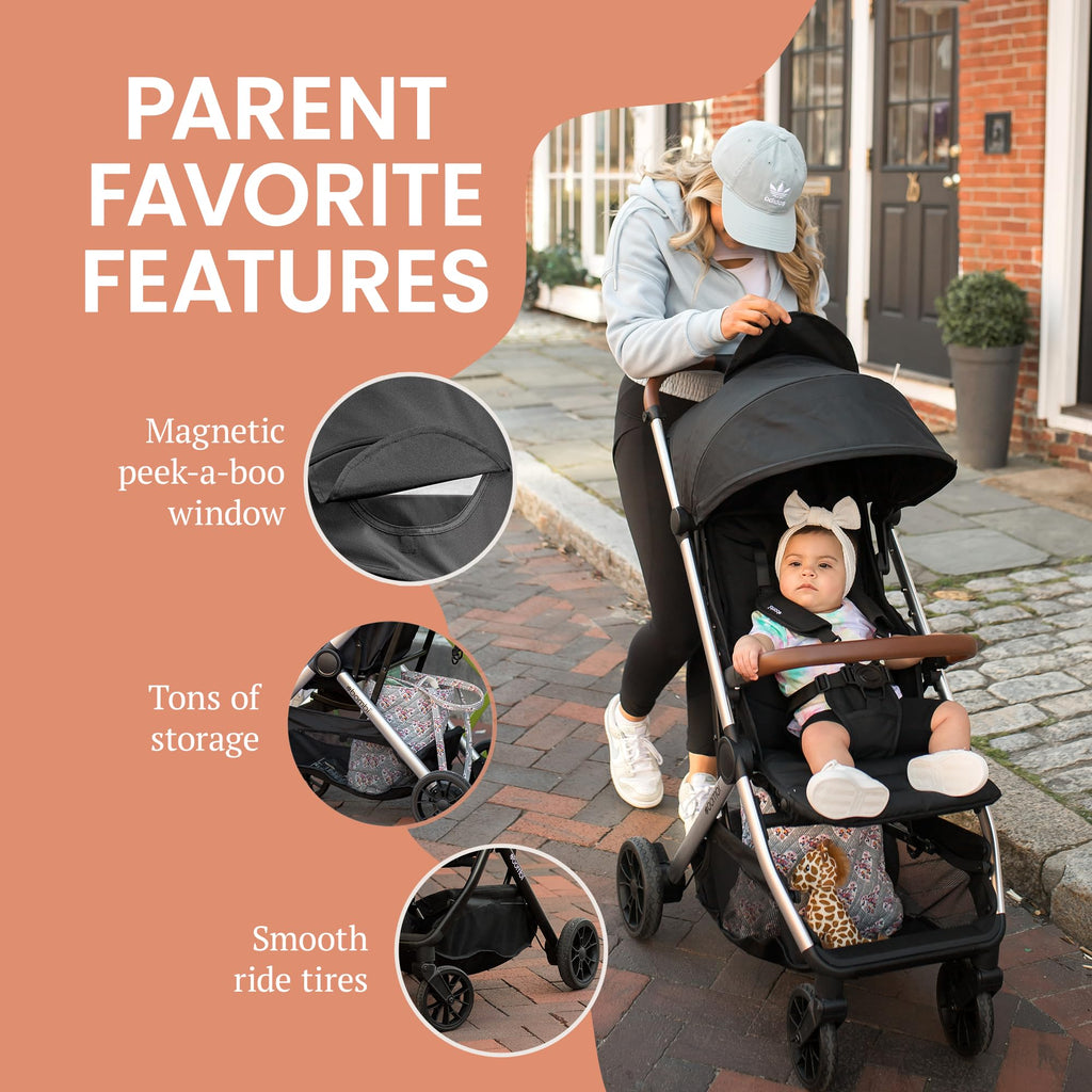 Lightweight Bombi Bēbee V2 baby stroller with vegan leather, one-hand fold, large canopy, aluminum frame, and ample storage.