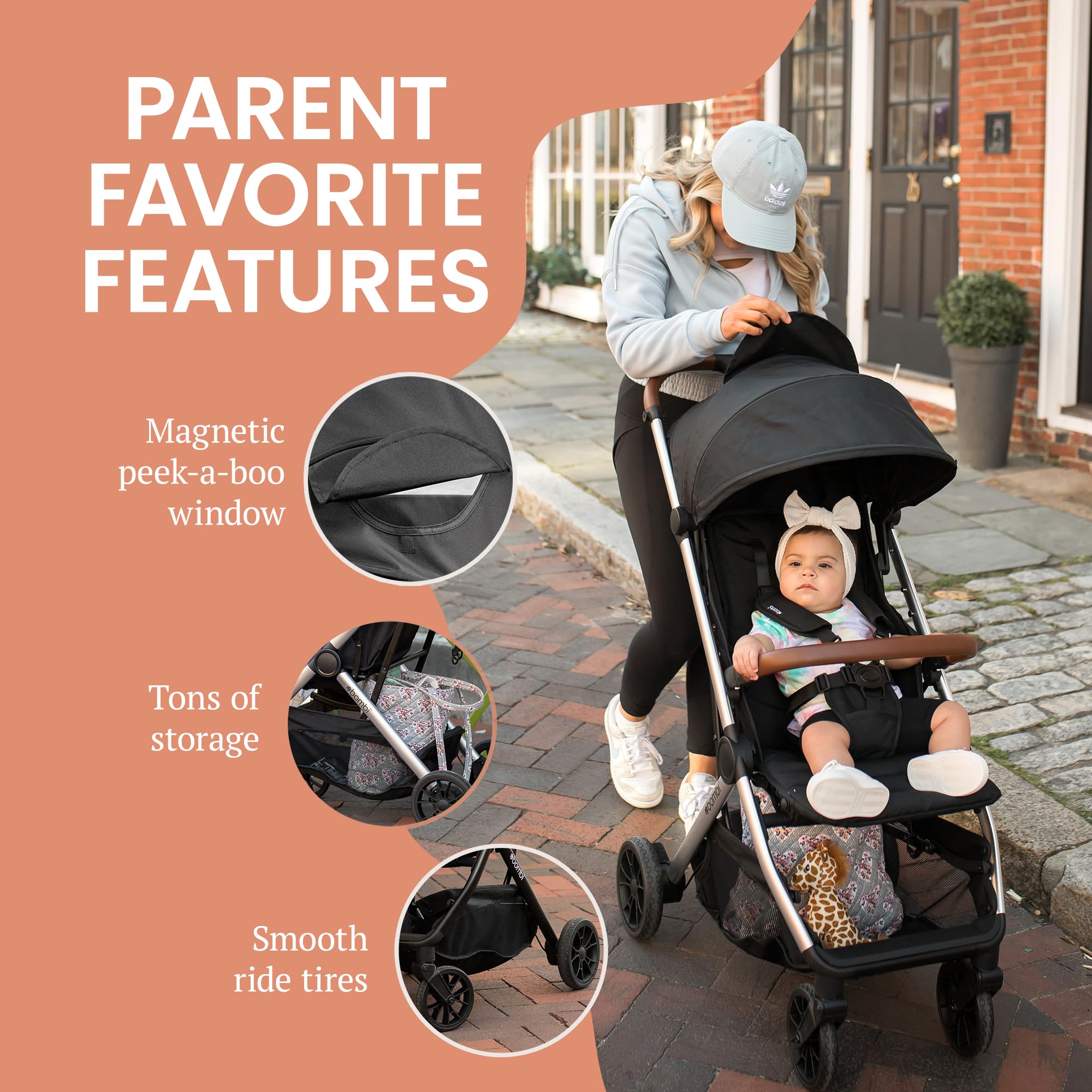 Lightweight Bombi Bēbee V2 baby stroller with vegan leather, one-hand fold, large canopy, aluminum frame, and ample storage.