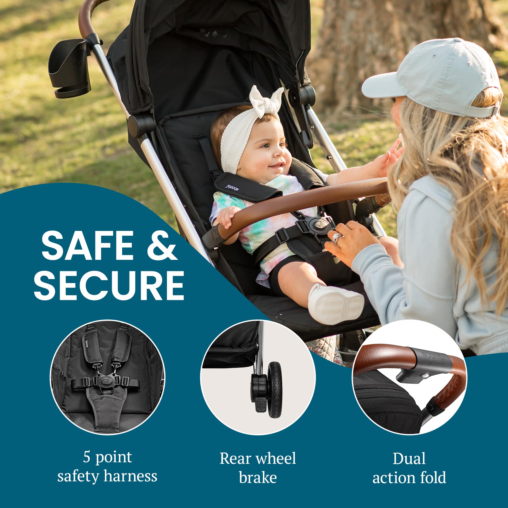 Bombi Bēbee V2 lightweight baby stroller with vegan leather, one-hand fold, infinite recline, aircraft-grade aluminum frame, and large canopy