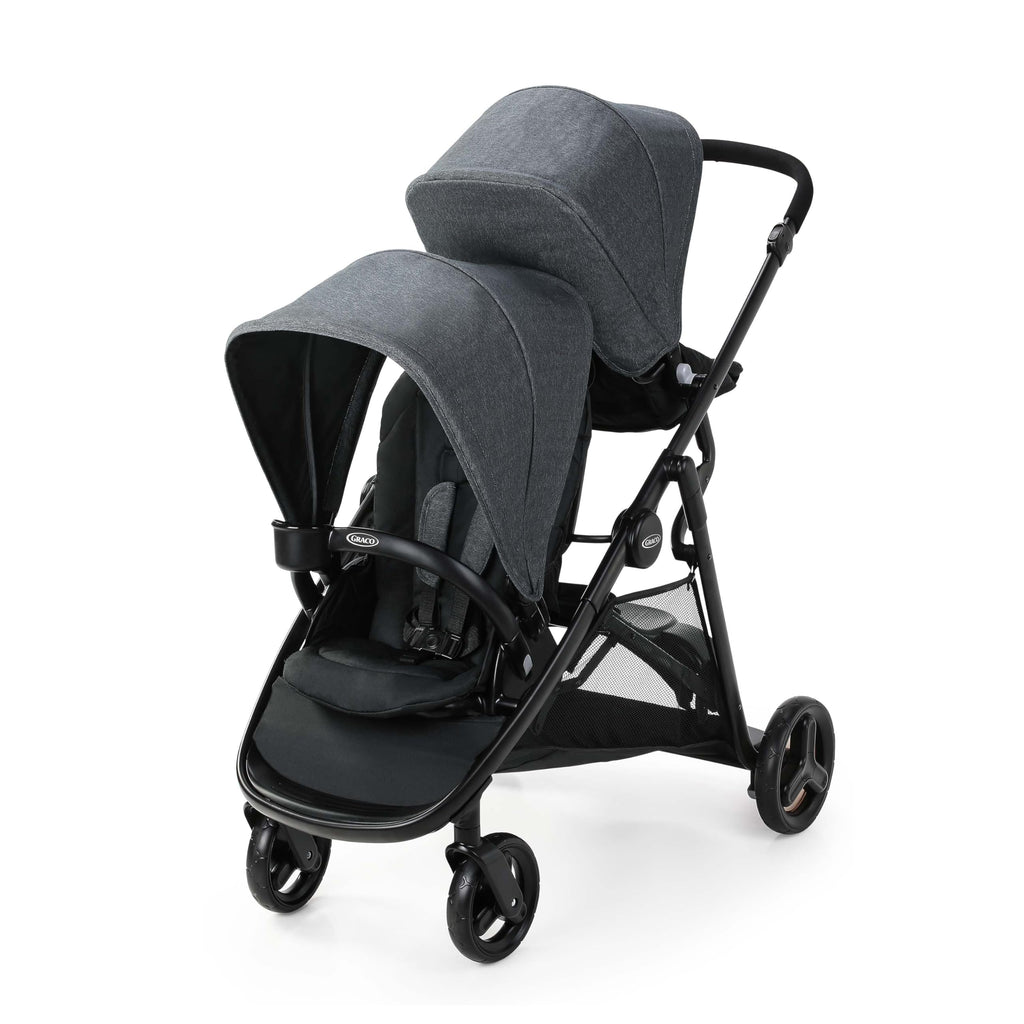 Graco Ready2Grow 2.0 double stroller with bench seat and standing platform, featuring Rafa design and spacious seating options