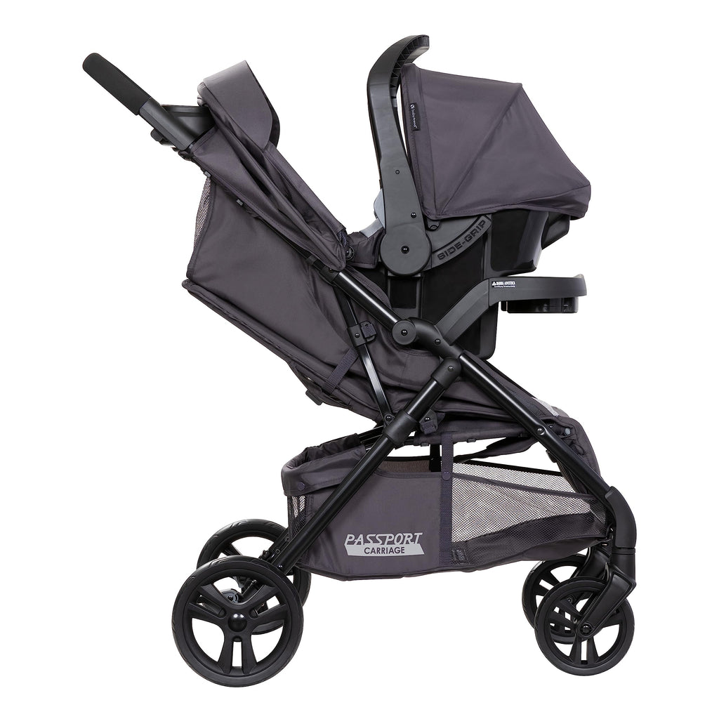 Pink Bamboo Baby Trend Passport cargo stroller with EZ-Lift Plus infant car seat, featuring a sleek, lightweight travel system for babies.