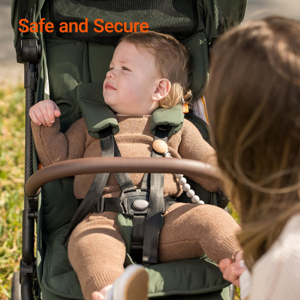 Lightweight MAMAZING Ultra Air baby travel stroller with carbon fiber frame, compact design, one-handed fold, suitable for toddlers.