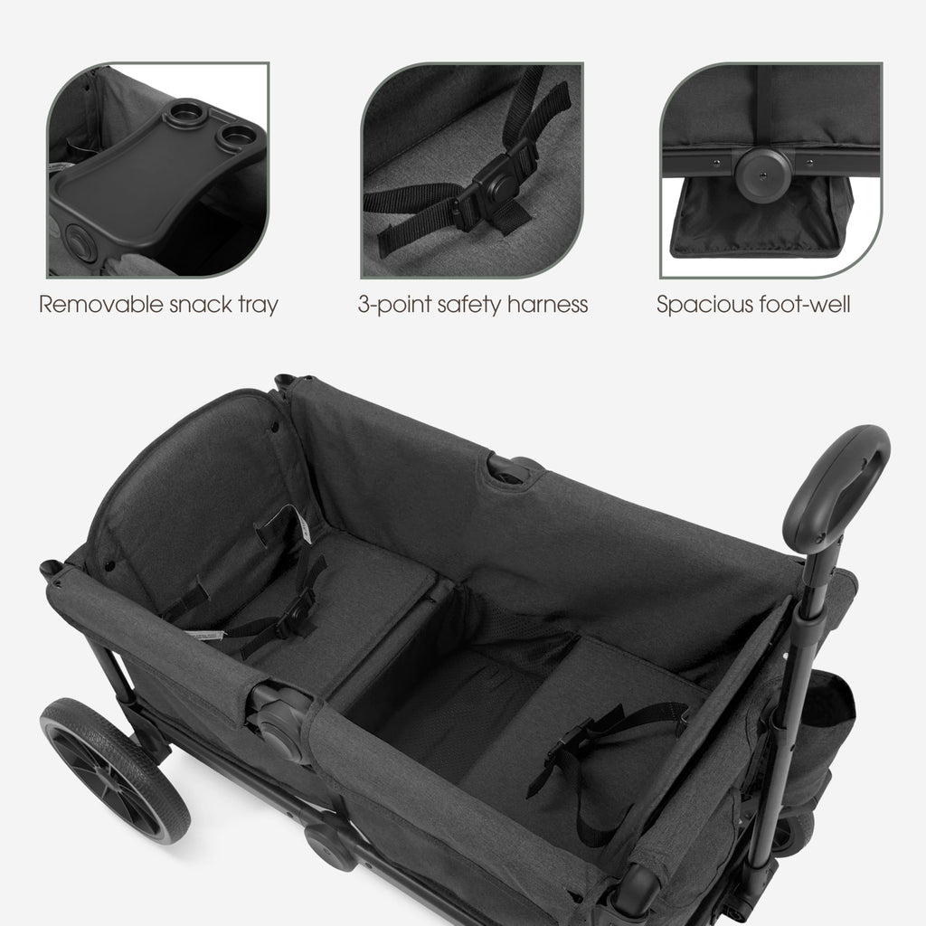 Evolur Trailblazer double stroller wagon in black with all-terrain wheels, foldable design, 5-point harness, removable canopy, and spacious storage.