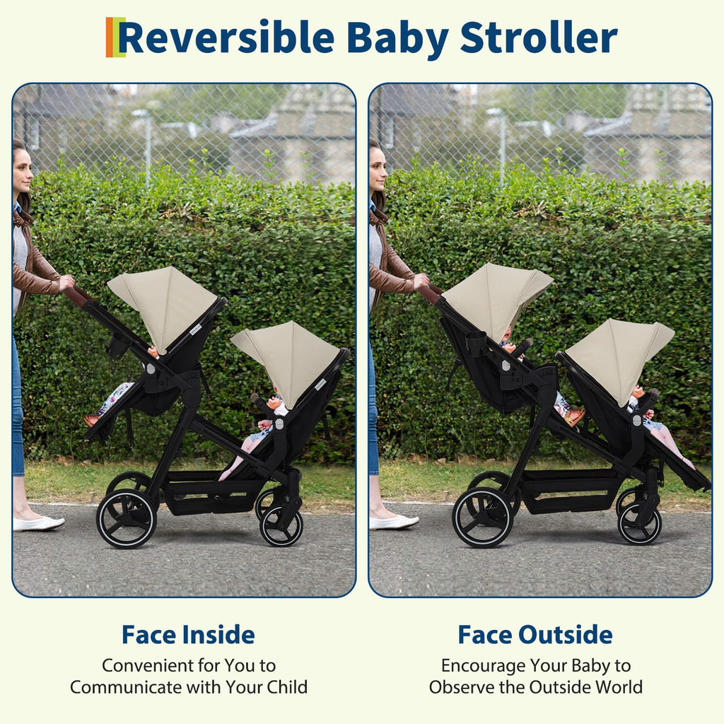 Dark grey tandem double stroller with reversible seats, adjustable canopy, 5-point harness, large storage basket, and one-hand fold.