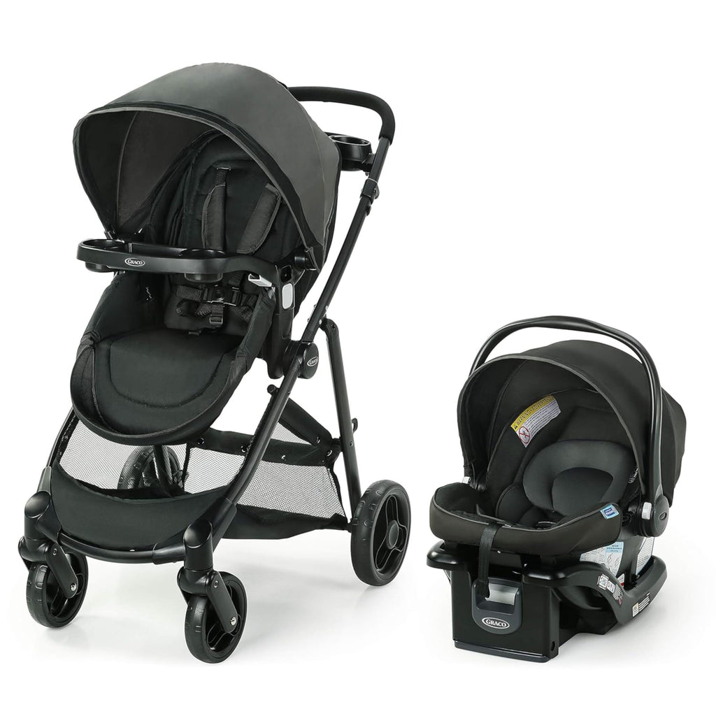 Graco Modes Element Canter travel system with stroller and infant car seat, featuring adjustable handle and storage compartments.
