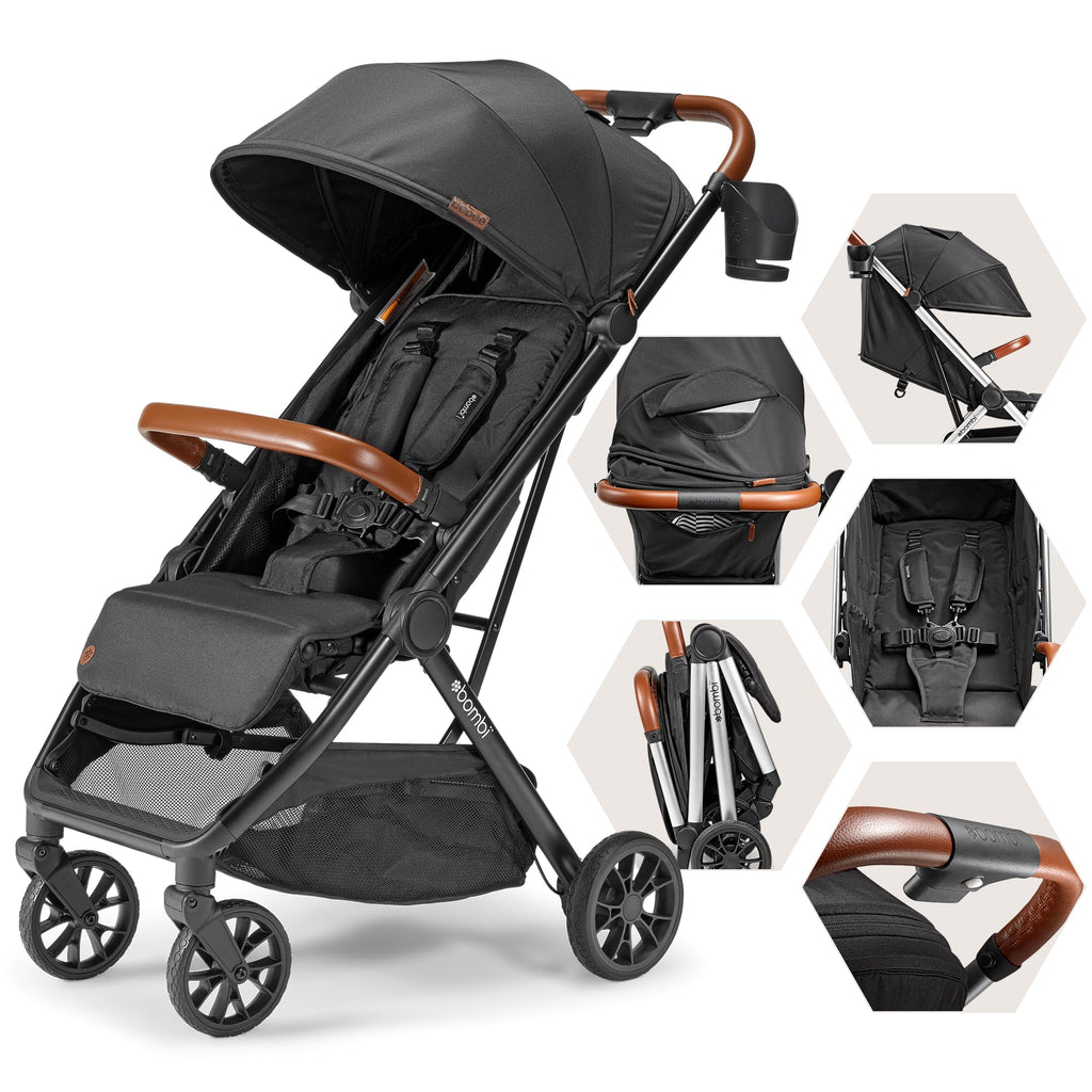 Bombi Bēbee V2 lightweight baby stroller with vegan leather, one-hand fold, XXL canopy, aluminum frame, and ample storage in Hickory color.