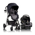 Evenflo Pivot Modular Travel System with SafeMax Car Seat, featuring a stroller with adjustable seat and car seat attachment.