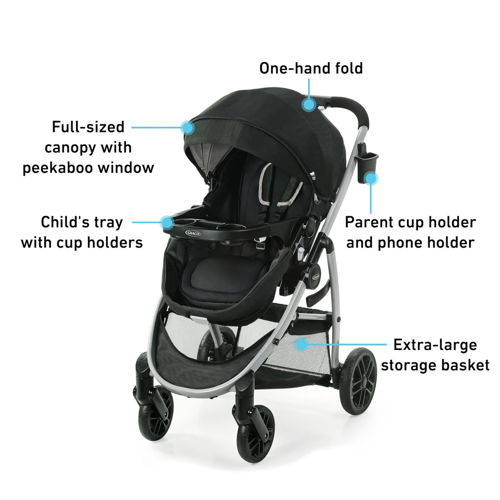 Graco Modes Pramette travel system with infant car seat and stroller, featuring SnugRide 35 car seat in Ellington fabric.