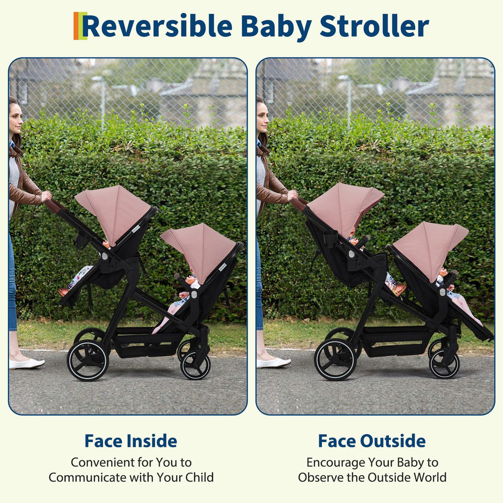 Black tandem stroller with double bassinet, reversible seats, adjustable canopies, one-hand fold, and large storage basket.