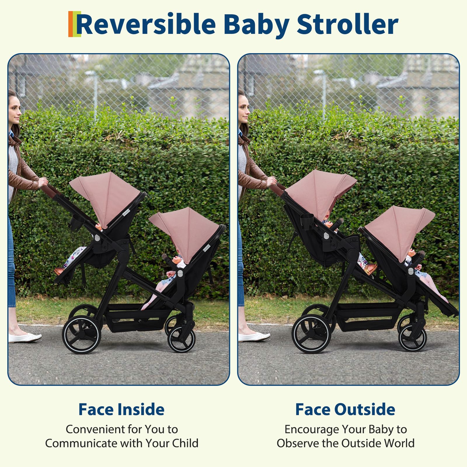 Dark grey tandem double stroller for newborn and toddler twins with reversible seats, adjustable canopy, 5-point harness, and large storage.