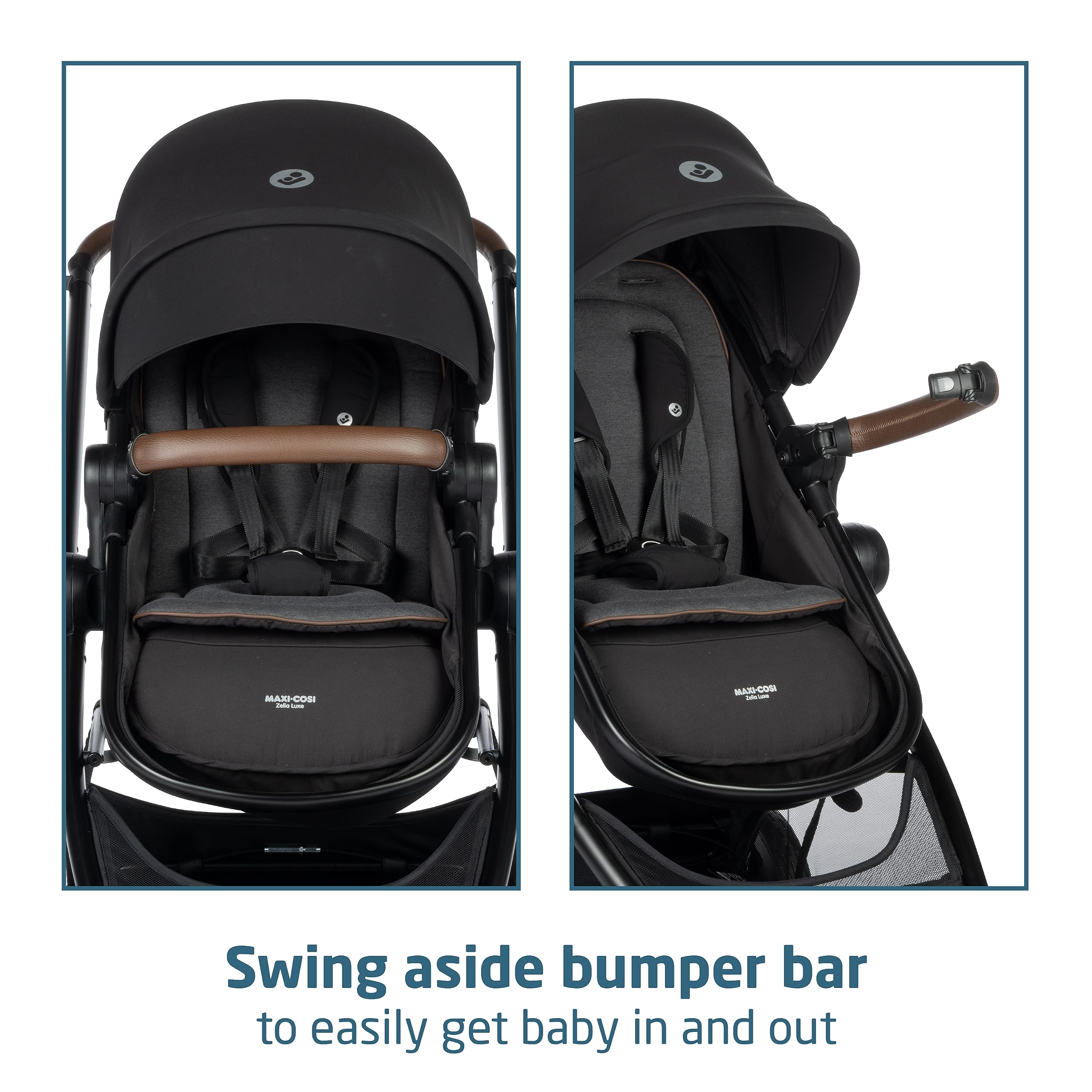 Maxi-Cosi Zelia Luxe 5-in-1 modular travel system with stroller, car seat, and accessories for versatile baby transport.