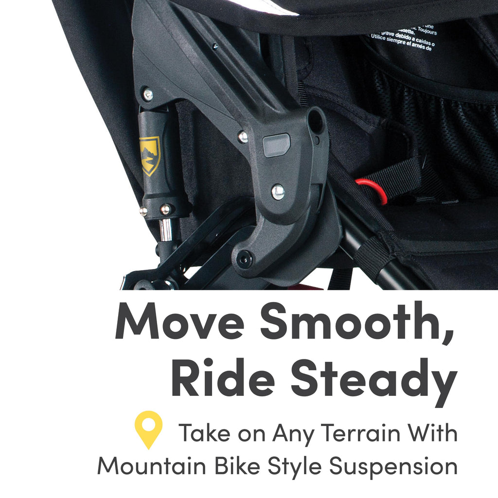 My Store BOB Gear Revolution Flex 3.0 Duallie jogging stroller in Graphite Black, double stroller with adjustable handlebars and large wheels.