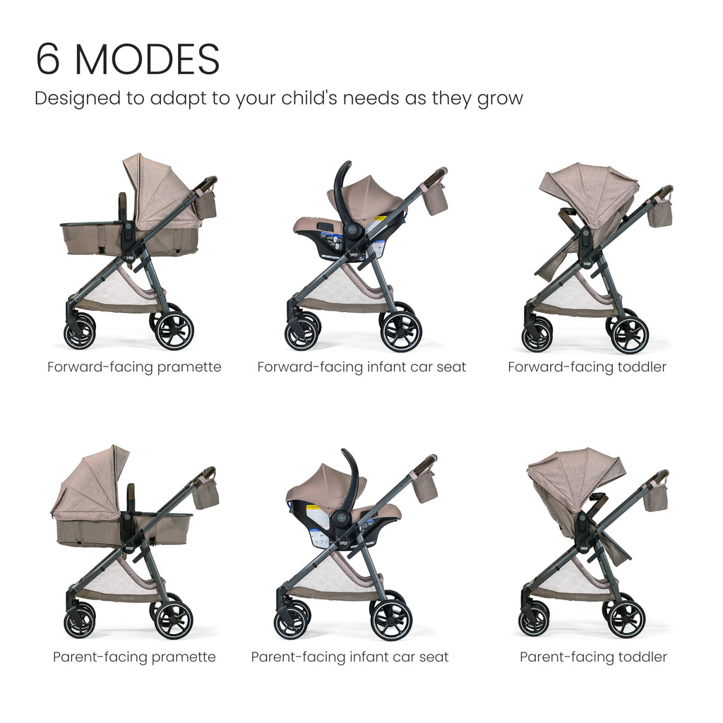 Britax Phases travel system with Arbor infant car seat, stroller, and parent organizer in Raven Black, featuring DuoConnect and Pramette mode