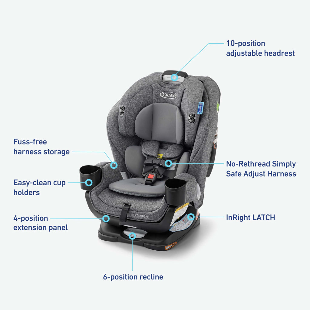 Graco Extend2Fit convertible baby car seat in Gotham color with adjustable extension panel for extra legroom, rear and forward facing.