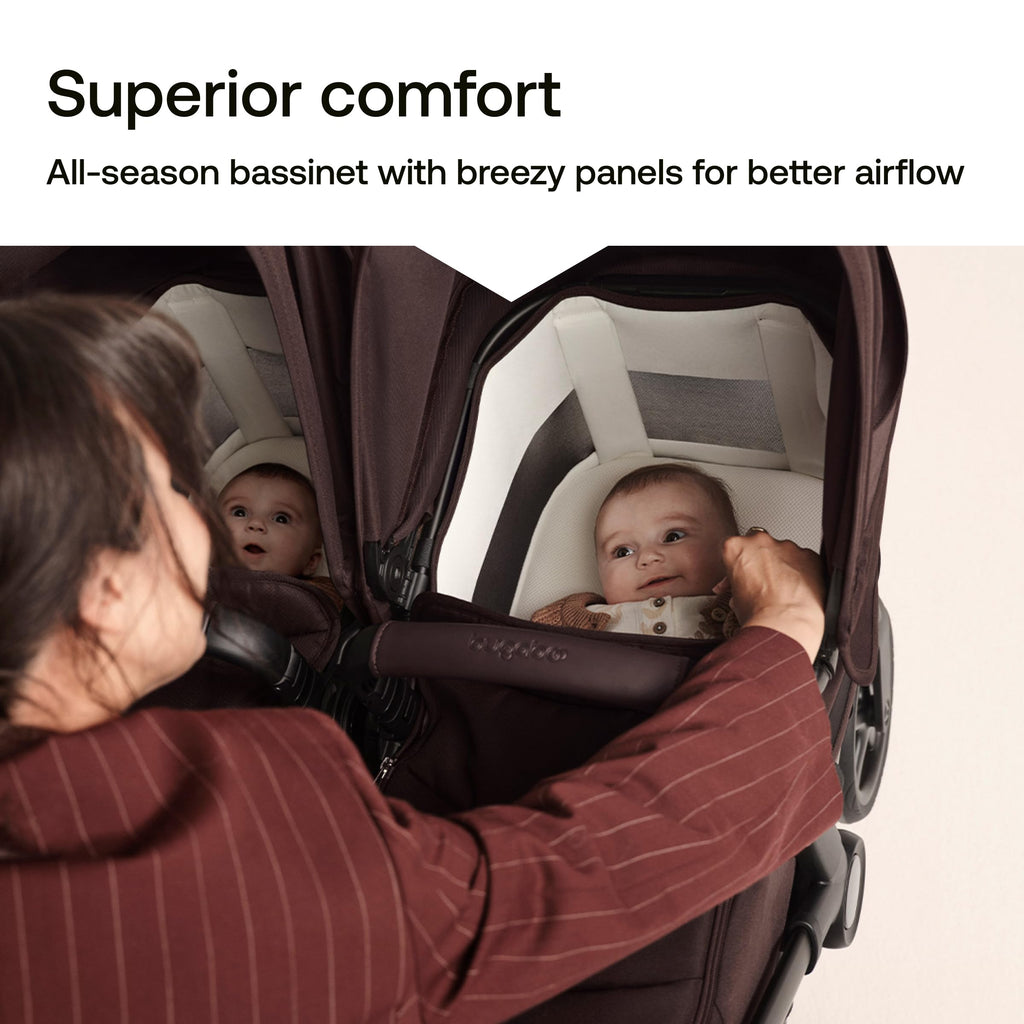 Bugaboo Donkey 6 single-to-double all-terrain stroller in cocoa brown, suitable for newborns and toddlers, with side-by-side design.