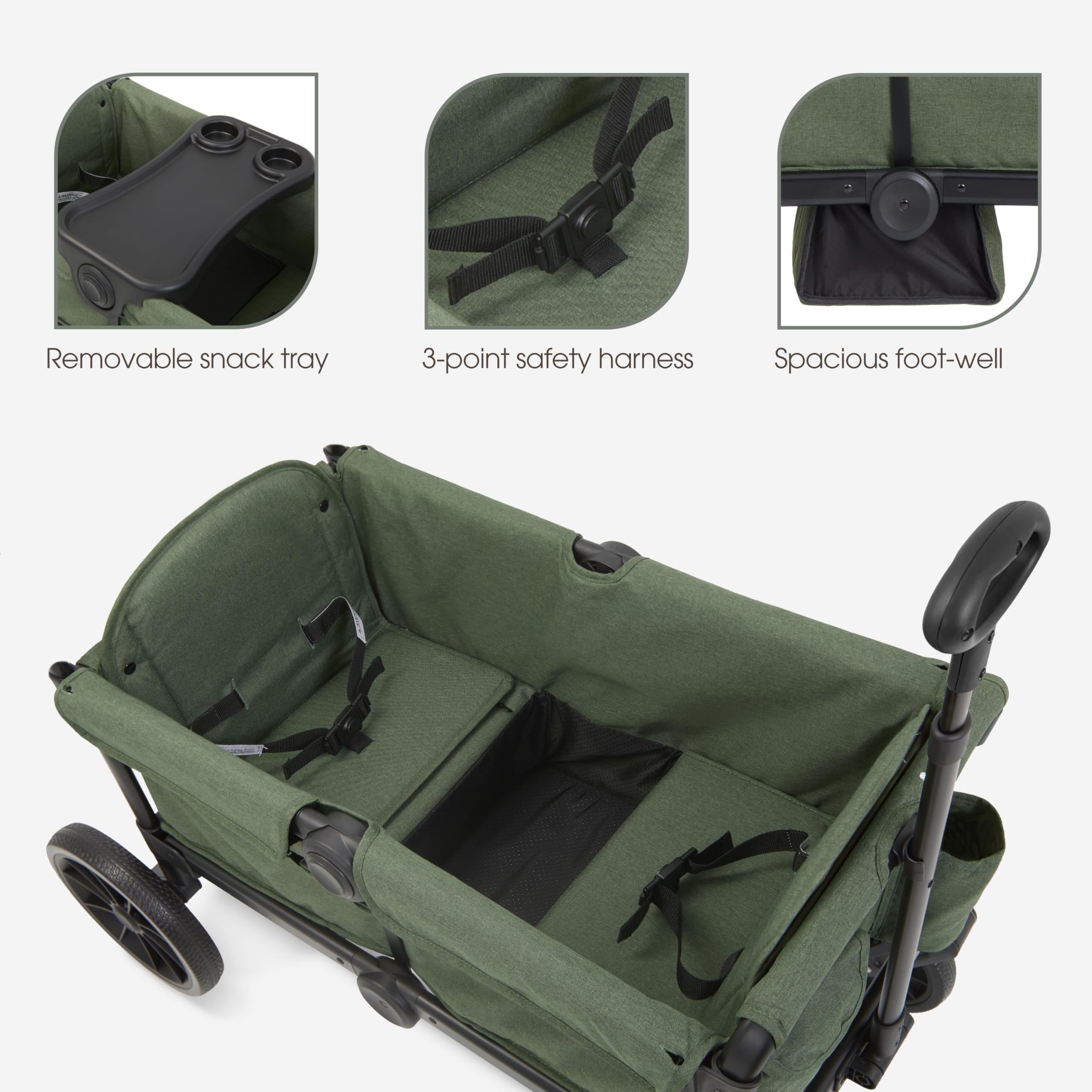 Evolur Trailblazer double wagon stroller in black with removable canopy, all-terrain wheels, 5-point harness, and spacious storage.