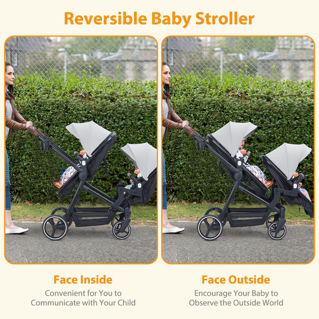 Dark grey tandem double stroller for twins with reversible seats, adjustable canopy, 5-point harness, large storage basket, foldable design